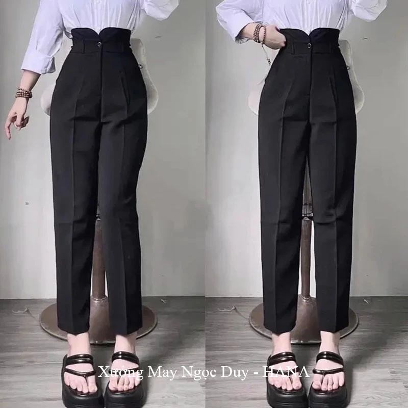 Quần tây nữ cạp V cao màu Đen dáng quần baggy nữ đi học làm công sở lưng cao vải tuyết mưa dày dặn mềm thoải mái