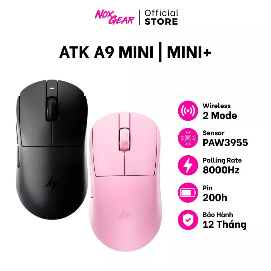 Chuột Gaming Không Dây ATK A9 Mini | A9 Mini+ - PAW3955 8K Polling Rate - BH 1 Năm