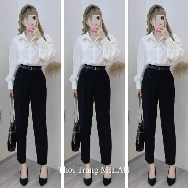 (Dài 88-95-103cm)Quần tây lưng cao khóa giữa có túi màu đen dáng dài - Vải Vitex dày mịn - Mặc công sở đi học làm đẹp