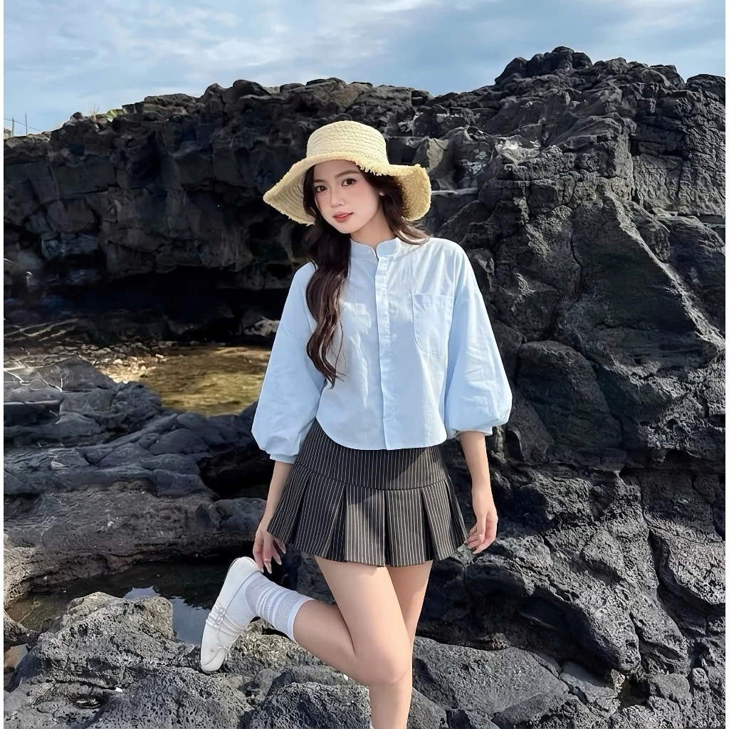 Áo sơ mi kiểu nữ SM415 chất đũi lì và cotton demin họa tiết babydoll tay bồng buộc dây tiểu thư thời trang nữ Hàn Quốc