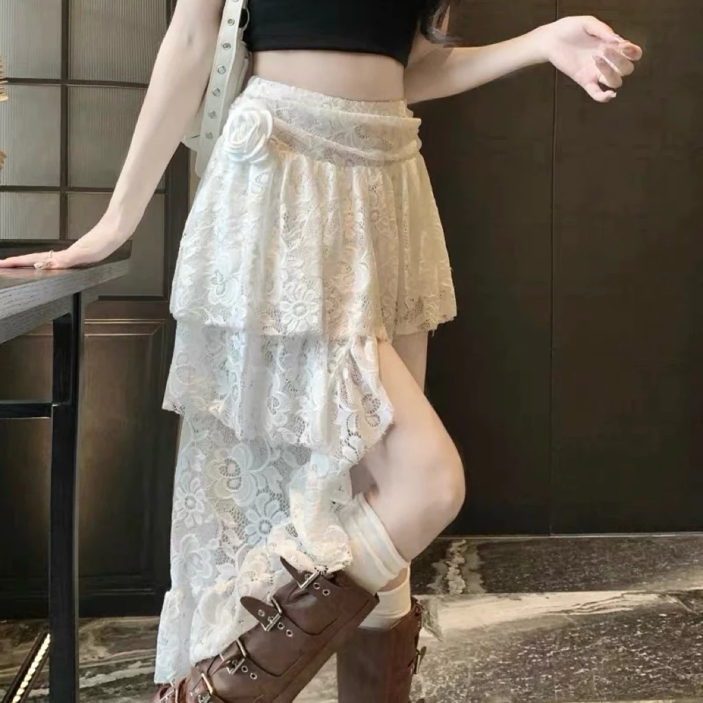 Chân váy ren dài xẻ tà chữ A cạp chun xếp tầng retro thời trang đường phố hàn quốc