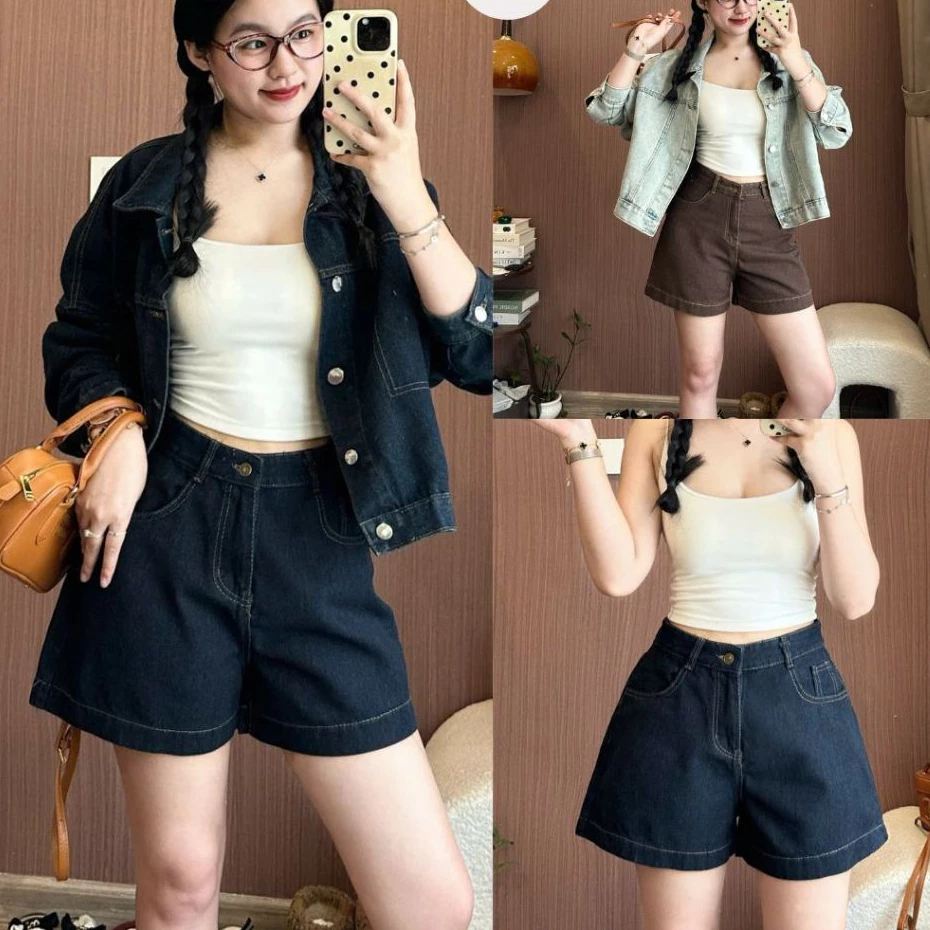 Quần Short Jean Hari Nữ Cạp Cao Xanh Than Chỉ Nổi Basic Dễ Phối Đồ Đi Chơi Đi Biển