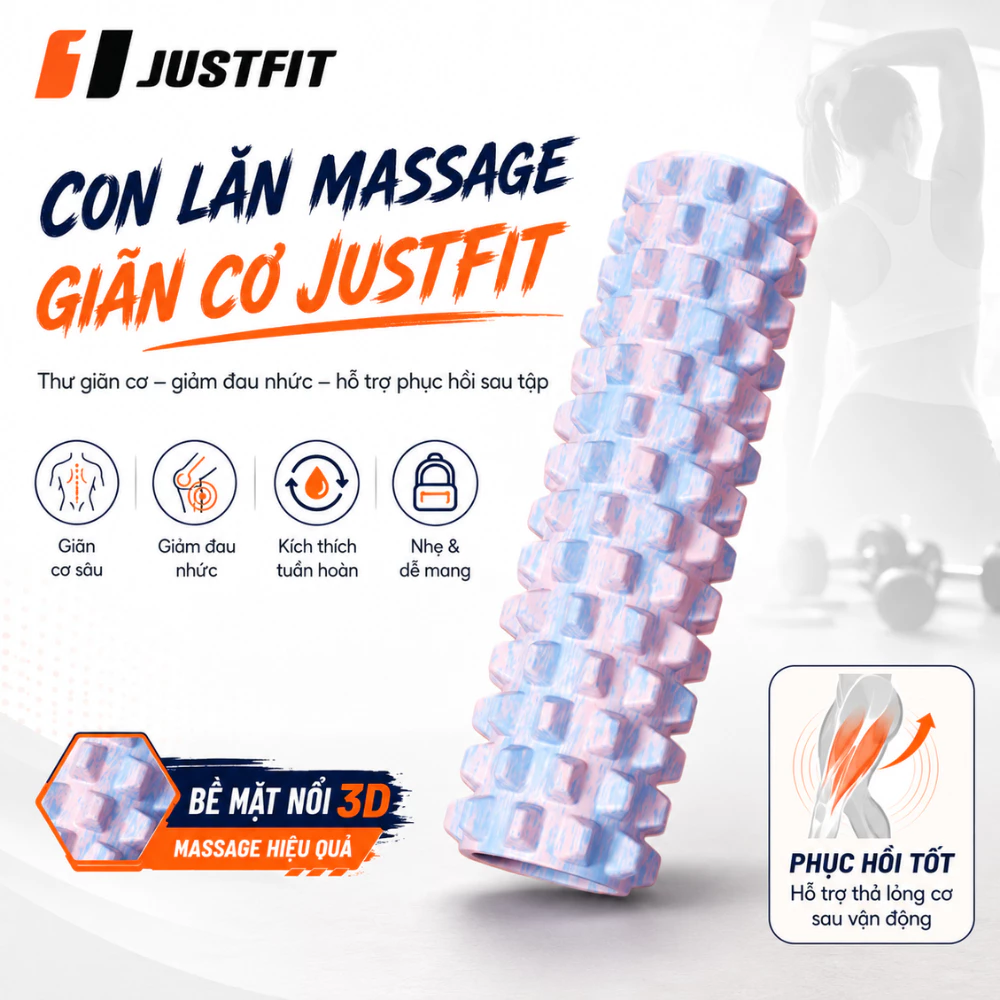 Con lăn massage 3D gai nổi 45x13cm JUSTFIT giãn cơ sâu, giảm đau mỏi vai gáy, phục hồi sau tập