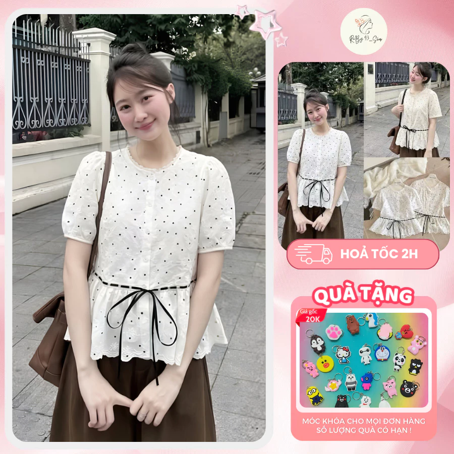 Áo Babydoll Chấm Bi Phối Dây Eo, Áo sơ mi tay ngắn chất thô ren thêu hoa chấm bi rút dây eo thắt nơ