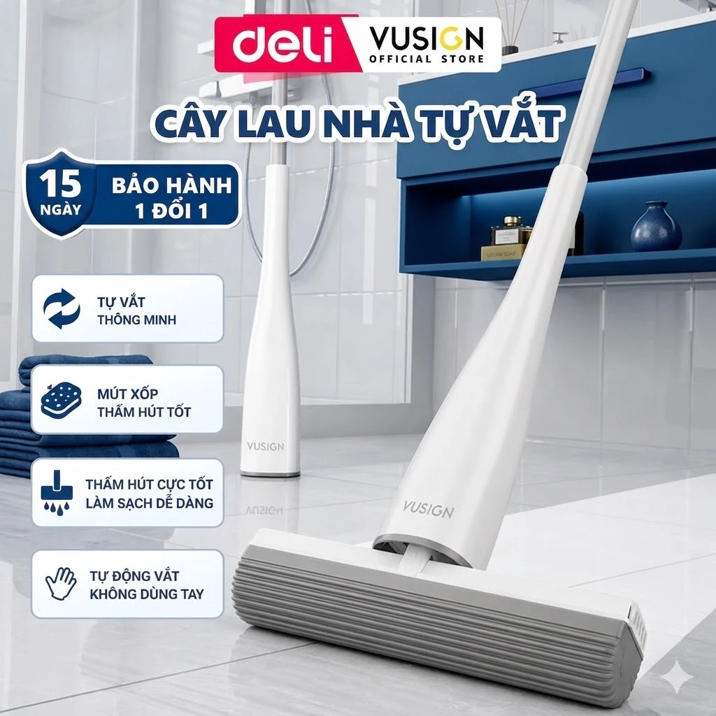 Cây lau nhà mút xốp cao su tự vắt thông minh DelixVusign cao cấp siêu thấm hút tiện lợi dễ dàng vệ sinh mọi ngóc ngách