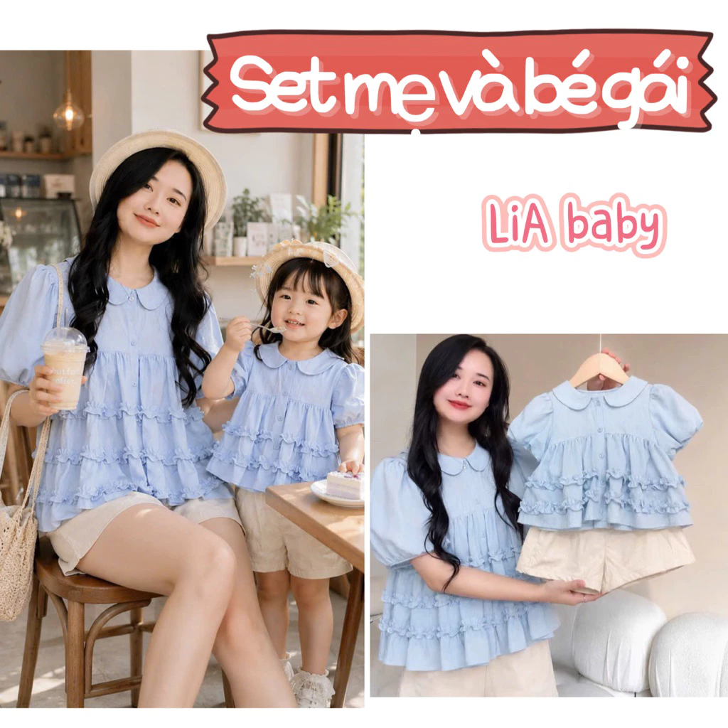 [Siêu xinh ] V5 Set đồ mẹ và bé áo cổ sen phối viền bèo siêu xinh kèm quần sóc diện đi chơi đi du lịch ,dạo phố (9-65kg)