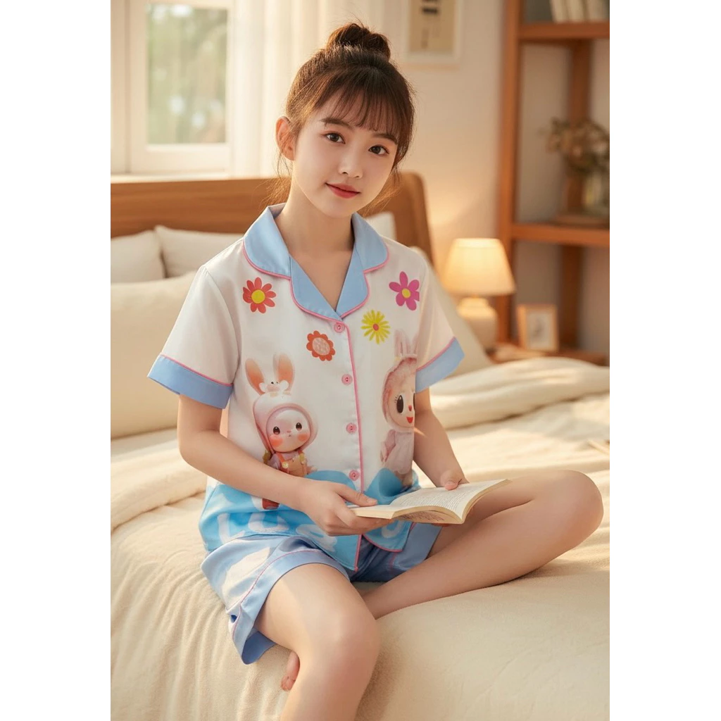 Bộ pijama bé gái vải latin mềm mát họa tiết cô bé và mèo siêu dễ thương | Đồ ngủ trẻ em cao cấp, mặc nhà thoáng mát