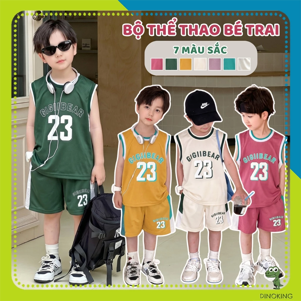 Bộ ba lỗ bé trai DINOKING Bộ đồ thể thao sát nách cho bé trai chất mềm mịn thoáng mát Bộ 3 lỗ trẻ em 3 - 10 tuổi DB74