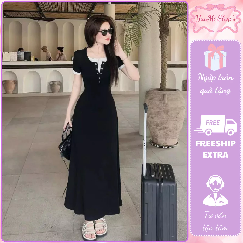 Đầm cộc tay dáng dài phối viền cổ khuy trước váy thun gân suông nhẹ ôm eo tôn dáng sang chảnh HCOM25848