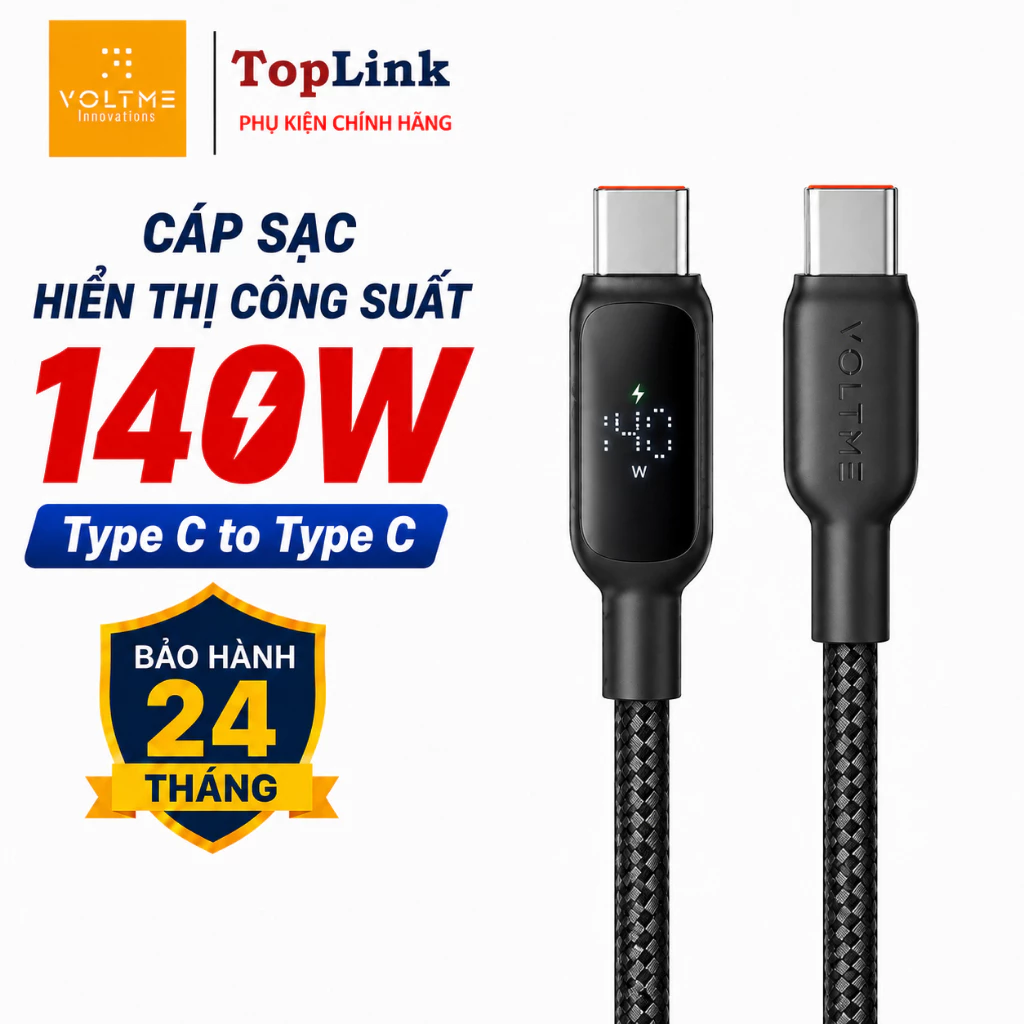 Cáp Sạc Nhanh Hiển Thị 140w C2C Voltme Powerlink Vizo Type-C to Type-C Bọc Dù Chắc Chắn Hiển Thị Công Suất Sạc Dài 1.2m