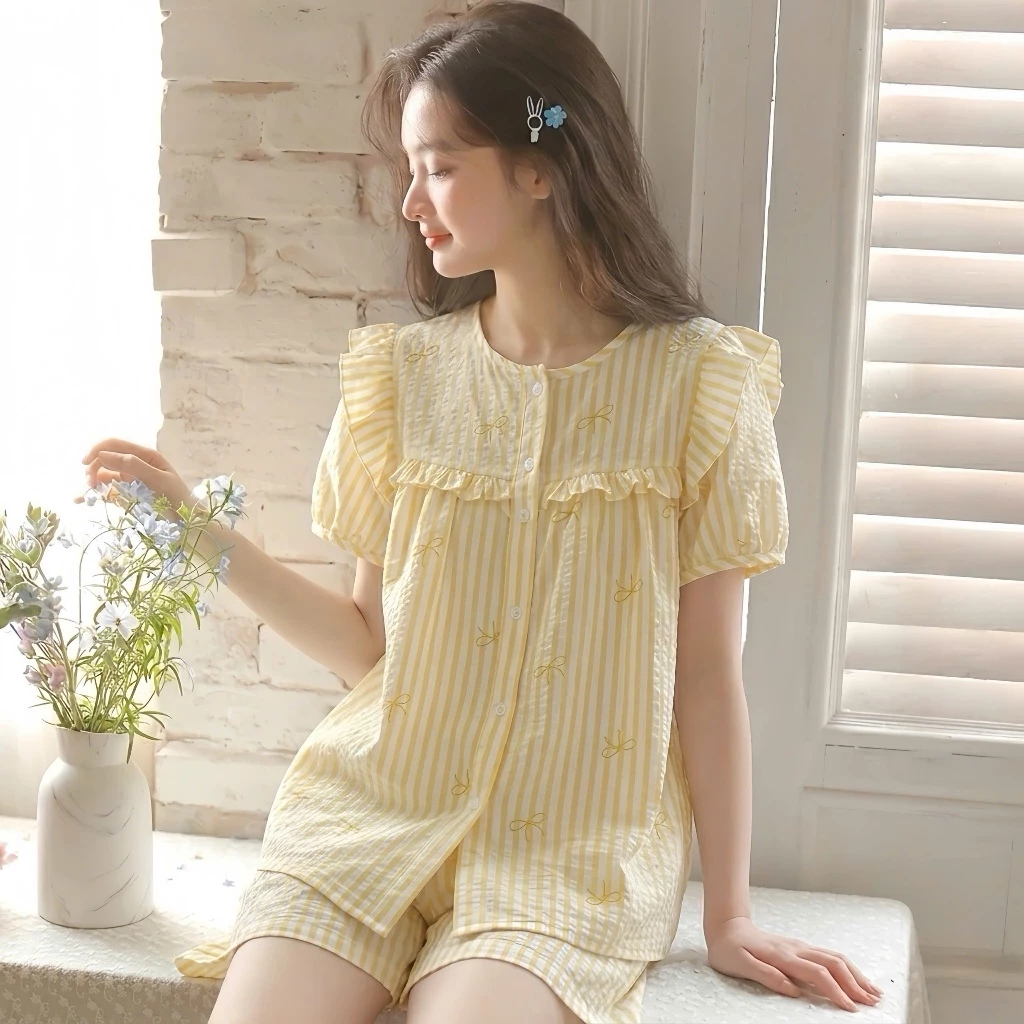 Kozoda Đồ Ngủ Cotton BN84 Họa Tiết Kẻ Sọc Hoạt Hình Dễ Thương Dáng Suông Ngắn Tay Size Thoải Mái Chất Liệu Mềm Mại