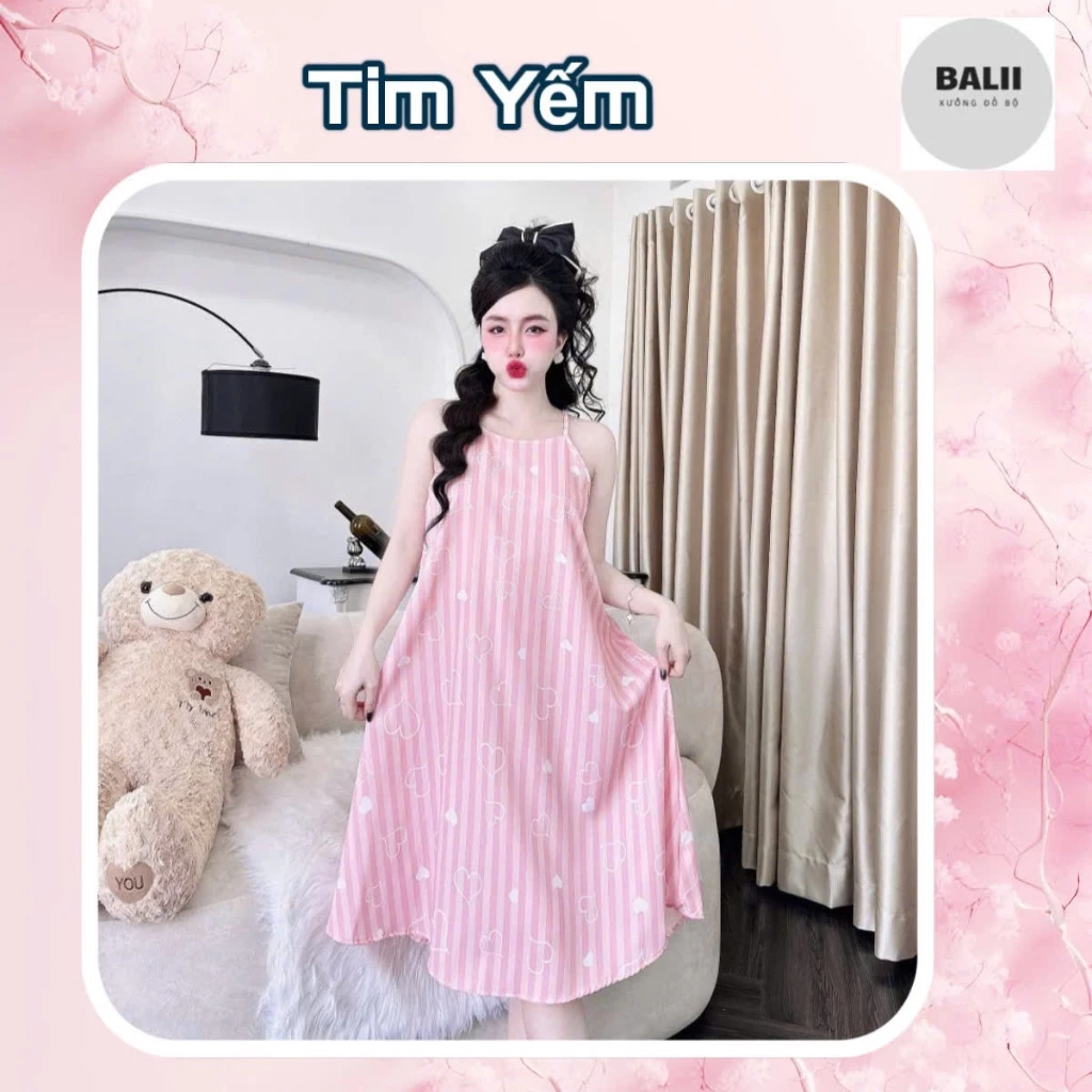[DEAL KÈM QUẦN] Y2 Váy yếm mặc nhà 40-75kg  vải lụa hàn 100D Họa tiết dễ thương, mặc mát, mềm mại - BALII