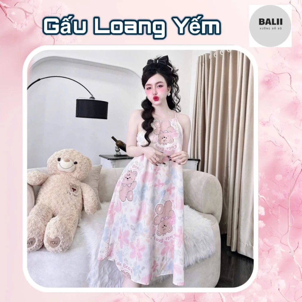 [DEAL KÈM QUẦN] Y1 - 40-75kg Váy yếm mặc nhà vải lụa hàn 100D Họa tiết dễ thương, mặc mát, mềm mại - BALII