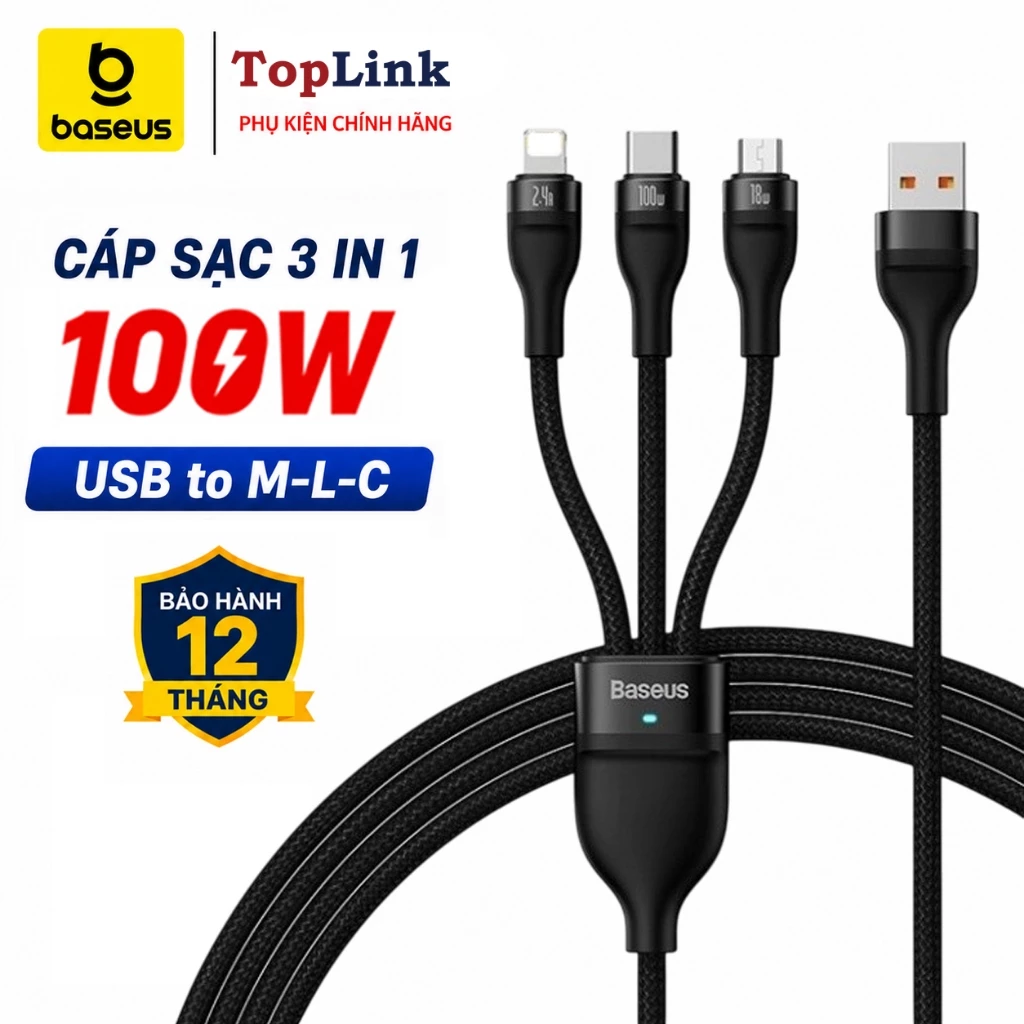 Cáp Sạc Nhanh Và Truyền Dữ Liệu 3 đầu 100w 3 in 1 Baseus Flash Series 2 Charging Data Cổng IP/ USB A/ Type C