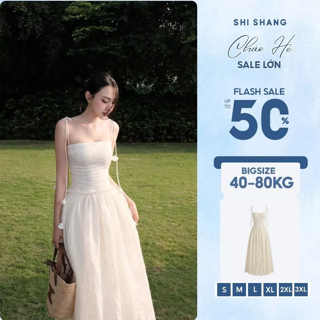 Váy 2 dây maxi đi biển, Váy tơ thêu dáng dài đi du lịch Shi Shang DDU02
