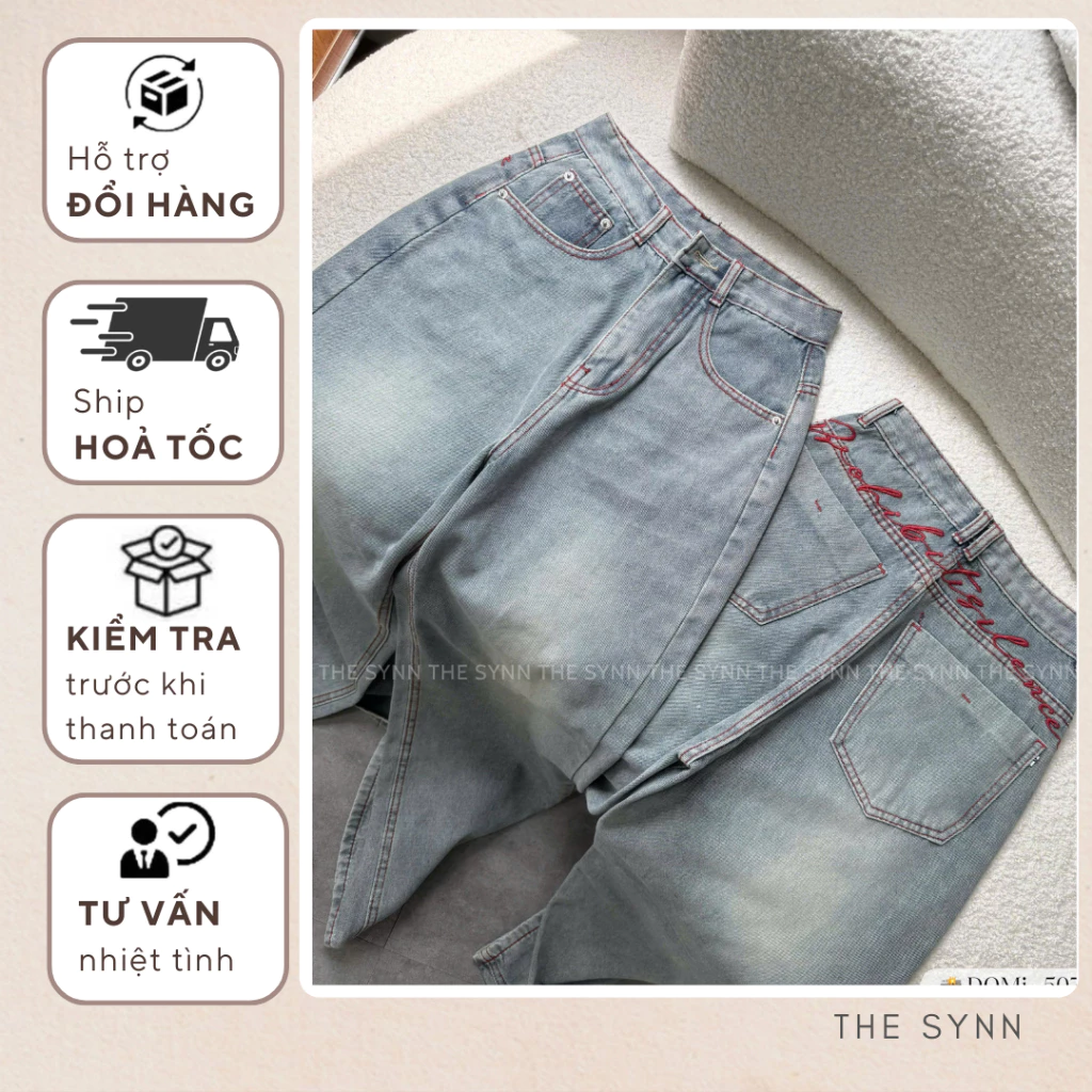 Q35 (S-XL 100-104cm) - Quần Jeans Nữ Ống Suông Thêu Chỉ Đỏ