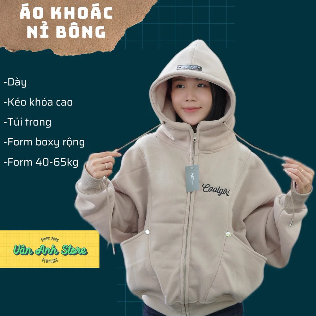 Áo Khoác Nỉ Bông Form Boxy Thêu Coolgirl Form Dài Rộng, 4 Túi Form 40-65kg Mặc Đẹp Top Jacket Women