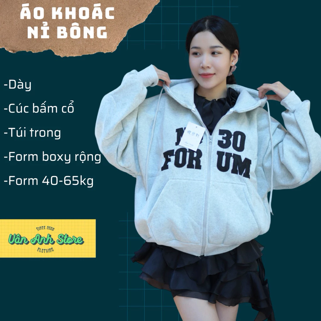 Áo Khoác Nỉ Boxy Dày Dặn Thêu NQ30 Nút Bấm, áo khoác nữ dưới m5 trùm mông form 40-65kg mặc đẹp Hoodie Zip Women