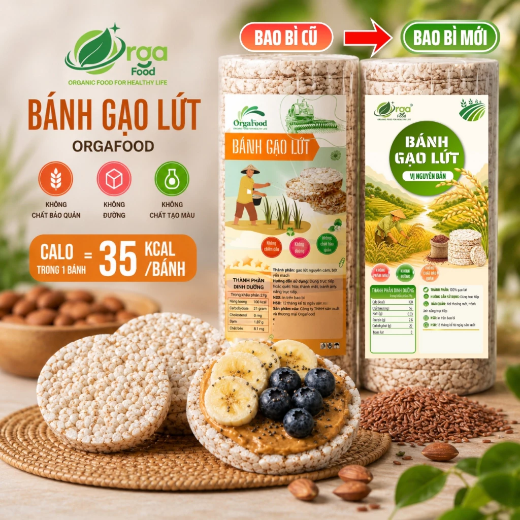 Bánh Gạo Lứt Orgafood [Mua 3 Tặng 1] Bỏng Gạo Lứt - Ăn Vặt Healthy, Ít Calo, Không Chiên Dầu, Không Đường