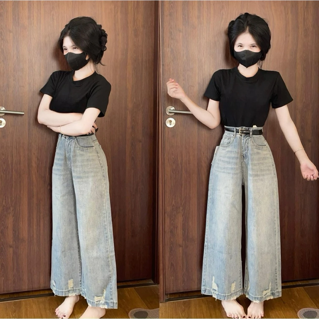 (87/95cm) Quần Jean Nữ  Suông Rông Nấm Rách QC .jean  ko giãn - Shop Nhí ( S01 - quần suông nấm ) 7095
