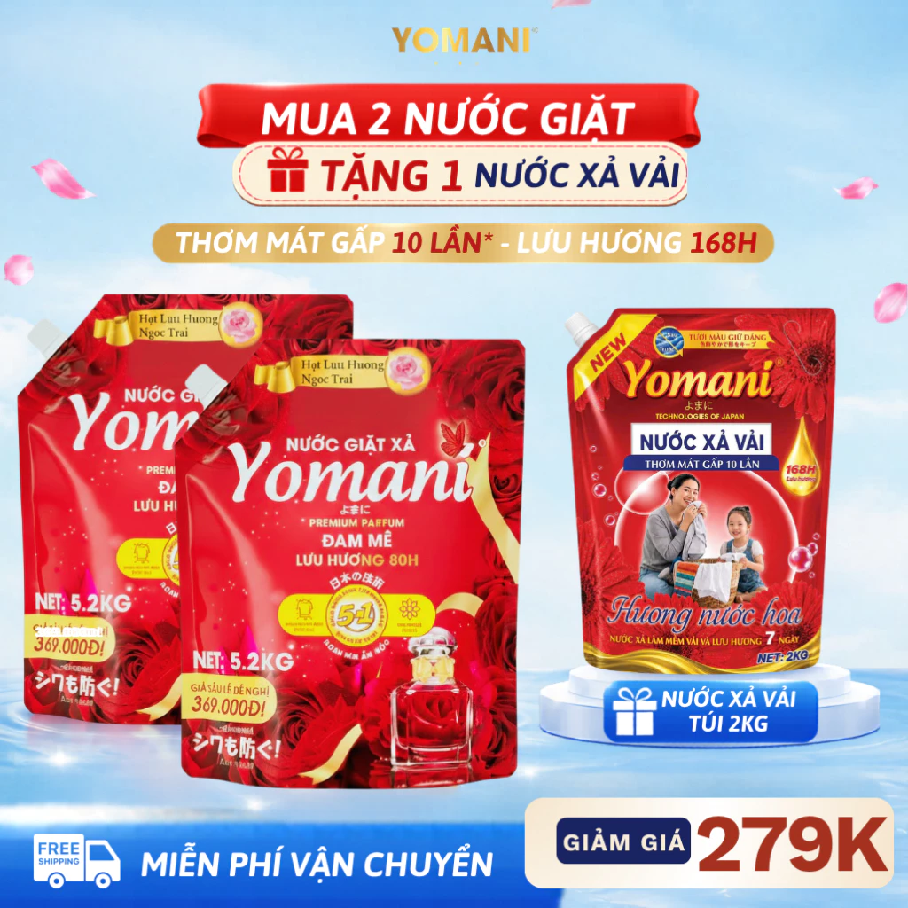 [MUA 2 TẶNG 1] Nước Giặt YOMANI 5KG2 Lưu Hương 80H, Sạch Sâu, Lành Tính, Tiết Kiệm-Tặng Nước Xả 2Kg