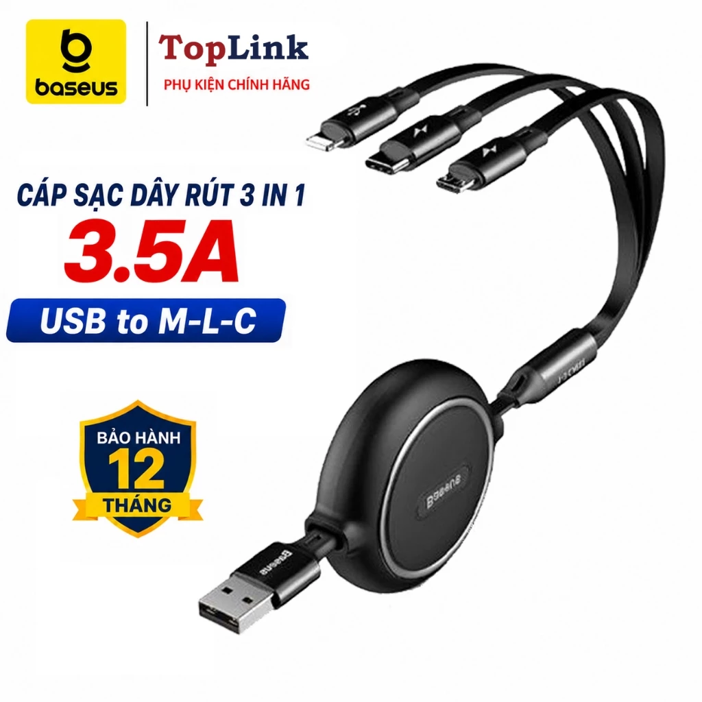 Dây Cáp Sạc Điện Thoại 3 đầu 3in1 Baseus Loại Dây Rút Sạc Điện Thoại Sạc 3.5a 66w 100w