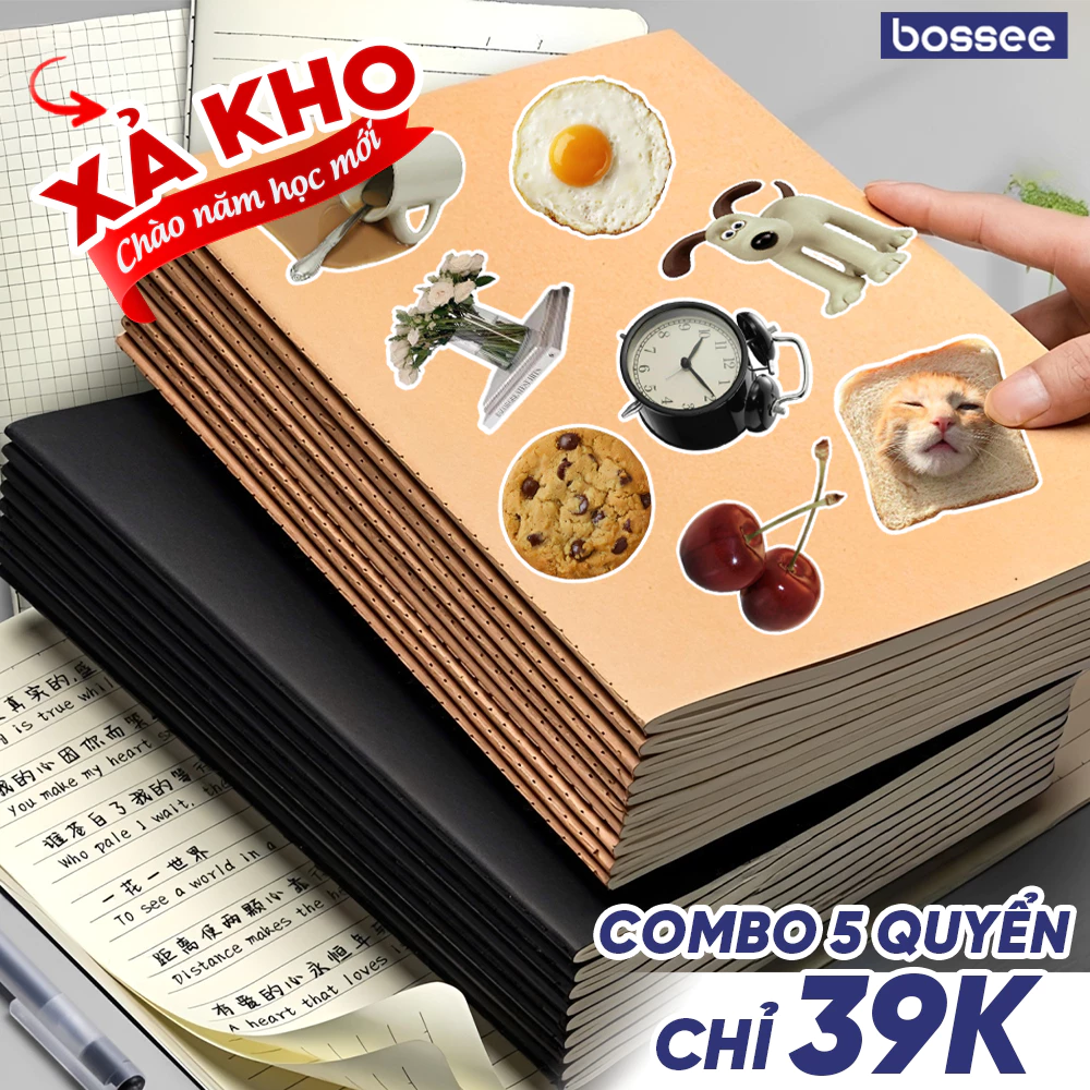 [XẢ 39K] Set 5 Quyển Sổ Tay Học Sinh Tập Viết Gáy Khâu Bìa Kraft A5/B5 Giấy Chống Lóa 80Gsm Kẻ Ngang/Caro/Không Dòng Kẻ