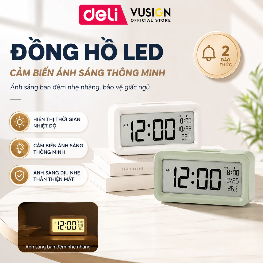 [KÈM PIN THAY THẾ] Đồng Hồ LED DECOR Để Bàn Báo Thức DELI màn hình LCD cao cấp đo nhiệt độ, báo thức, ngày giờ