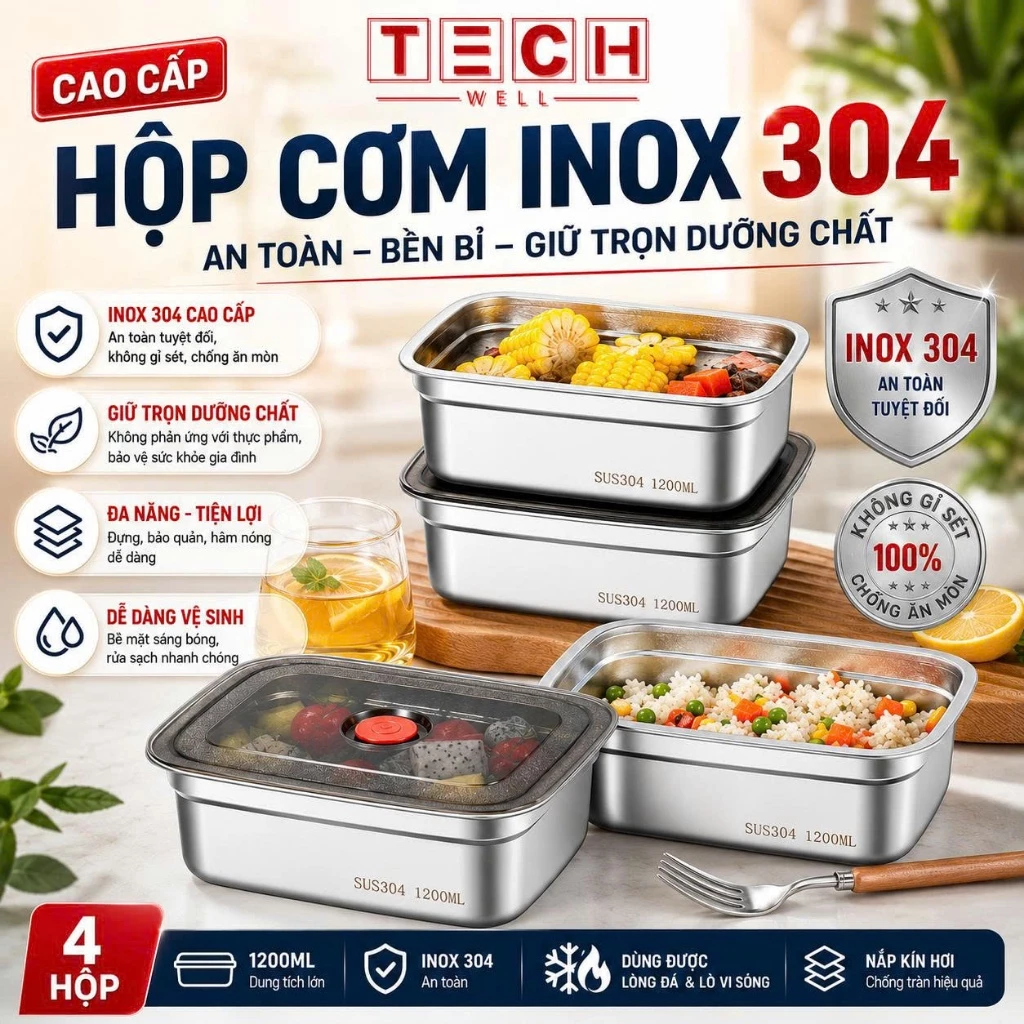Combo 10 Hộp Đựng Thực Phẩm Inox 304 Chống Rỉ Sét, Nắp Hút Chân Không Kín Mùi, Dung Tích Lớn