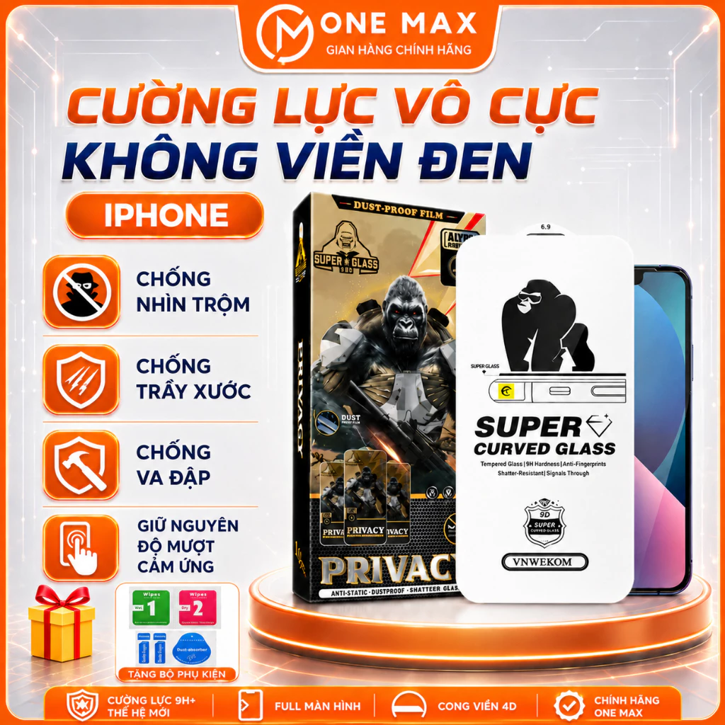 Kính cường lực chống nhìn trộm iPhone vô cực cho IP 17 Promax 16/15/14/13/12/11 Pro/Plus/Mini/Xs/Xr - ONEMAX
