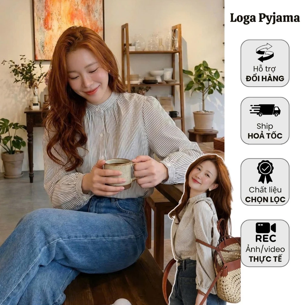 Áo sơ mi nữ sọc dọc tay dài phồng nhẹ , Áo sơ mi nữ kiểu công sở thanh lịch phong cách Hàn Quốc Logastore_L111