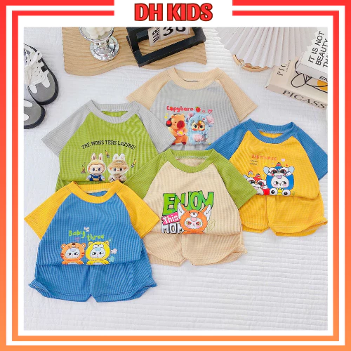 [B05] Bộ quần áo cộc tay phối màu in hình dễ thương chất vải tổ ong dành cho bé trai bé gái- DH KIDS