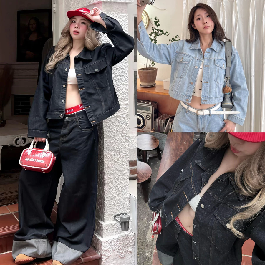 [HÀNG MỚI]Áo Khoác Bò Jean Unisex RINAA Dáng Lửng Màu Đen Xám, Áo Khoác Jean Denim Croptop Cá Tính