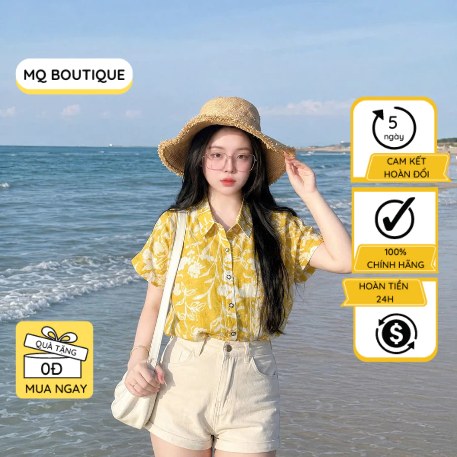 Sơ Mi Cộc Tay Tơ Boi Hoa Trắng MQ Boutique Vải Mềm Mát Công Sở Hoạ Tiết Hoa Trắng Nền Vàng Nhẹ Nhàng