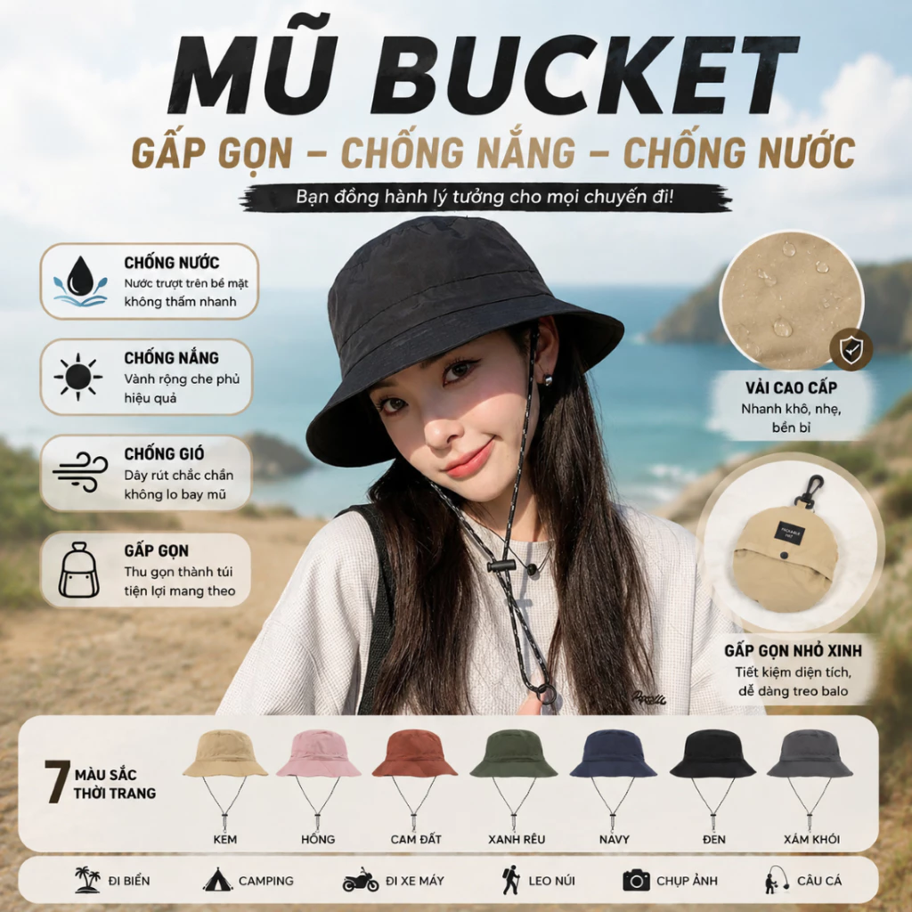 Mũ Bucket Gấp Gọn MH19 Chống Nắng Chống Nước Có Dây Rút Chống Gió Mũ Du Lịch Đi Biển Camping Outdoor Nam Nữ AK House