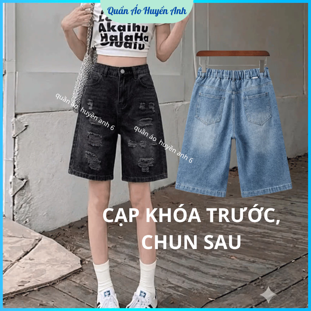 Quần ngố jean cạp trước chun sau bò dày ống suông xước rách cá tính cho nữ M49