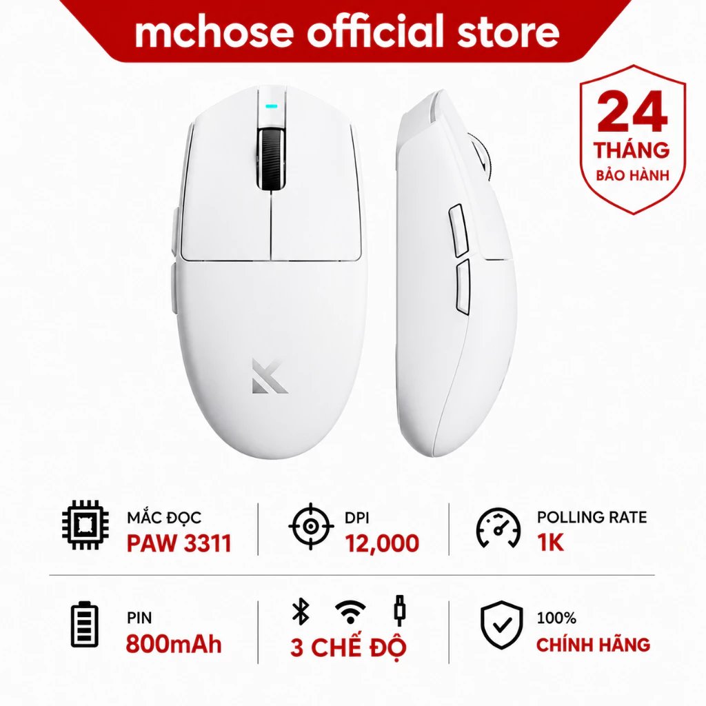 MCHOSE G3 V2 Trắng Chuột Không Dây Gaming Bluetooth 3 Chế Độ PAW3311 12000DPI 59G Pin 800mAh Cho Laptop PC Game