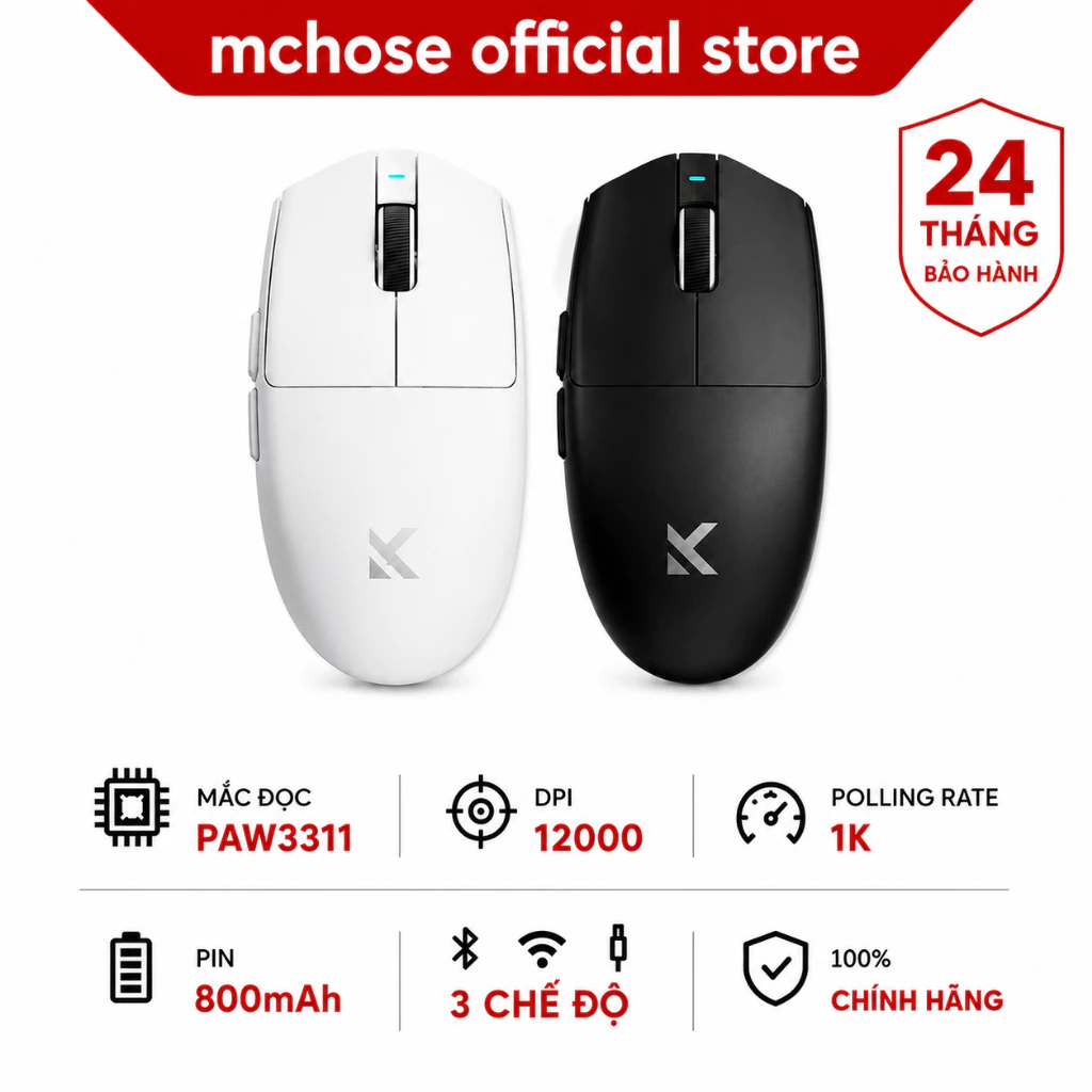 MCHOSE G3 V2 Chuột Không Dây Gaming Bluetooth 3 Chế Độ PAW3311 12000DPI 59G Pin 800mAh Cho Laptop PC Game