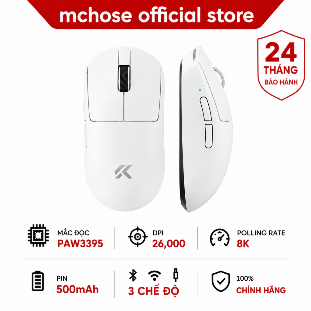 MCHOSE A7 V2 Pro Trắng Chuột Không Dây Gaming 3 Chế Độ 8K PAW3395 26000DPI 59G Bluetooth Cho Laptop PC Game