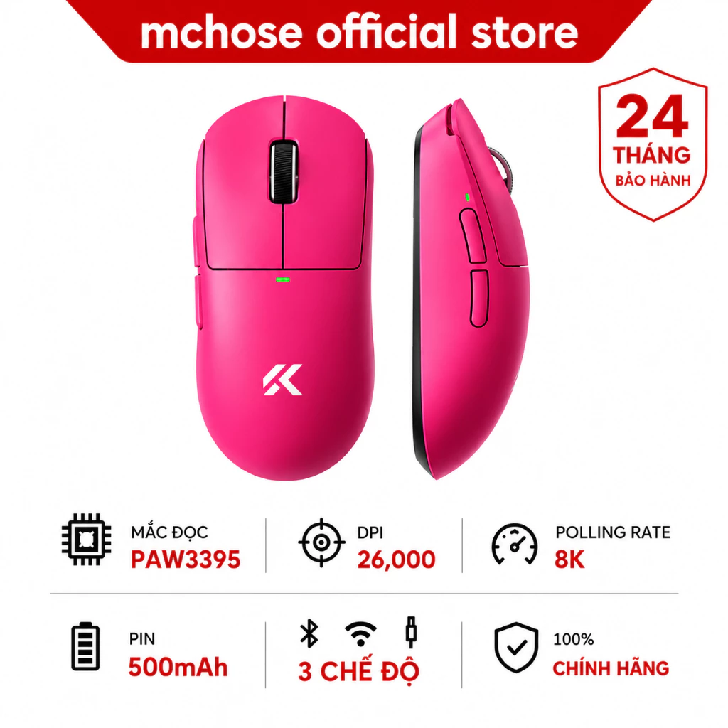 MCHOSE A5 V3 Đỏ Chuột Không Dây Gaming 3 Chế Độ Bluetooth 8K PAW3395 26000DPI 56G Cho Laptop PC Game