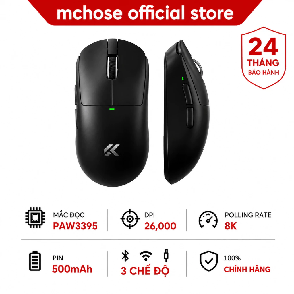 MCHOSE A5 V3 Đen Chuột Không Dây Gaming 3 Chế Độ Bluetooth 8K PAW3395 26000DPI 56G Cho Laptop PC Game