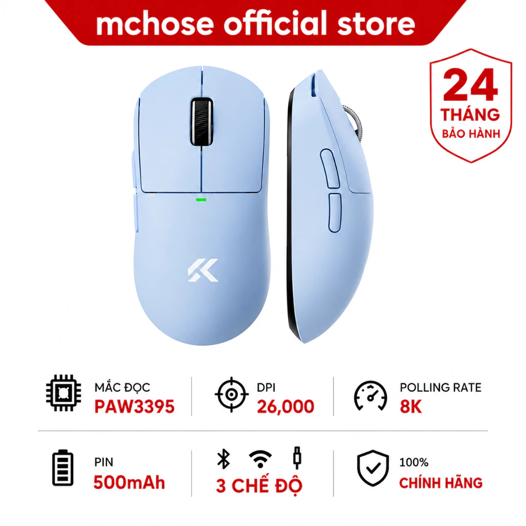 MCHOSE A5 V3 Xanh Chuột Không Dây Gaming 3 Chế Độ Bluetooth 8K PAW3395 26000DPI 56G Cho Laptop PC Game