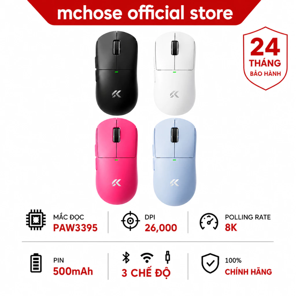 MCHOSE A5 V3 Chuột Không Dây Gaming 3 Chế Độ Bluetooth 8K PAW3395 26000DPI 56G Cho Laptop PC Game