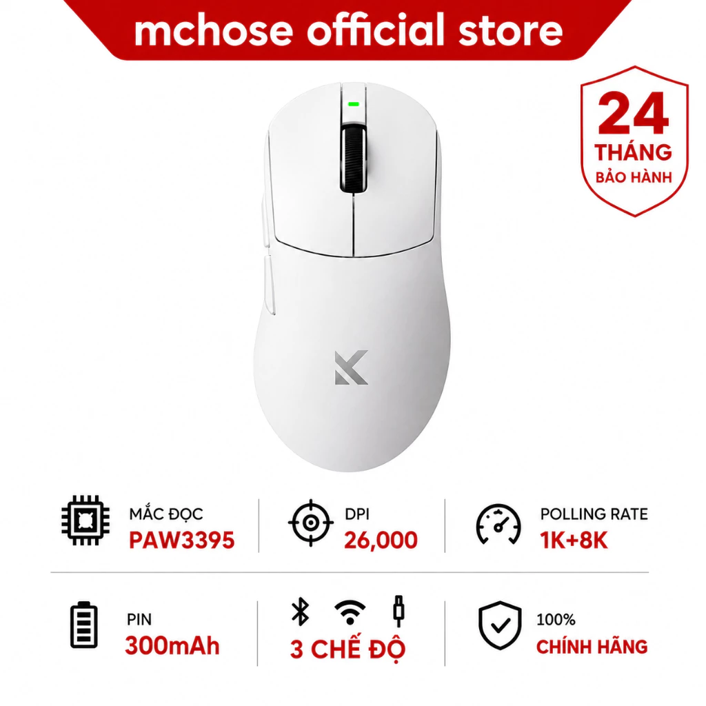 MCHOSE A7 Trắng Chuột Không Dây Gaming 3 Chế Độ Bluetooth Wireless 8K PAW3395 26000DPI 56G Cho Laptop PC FPS Game