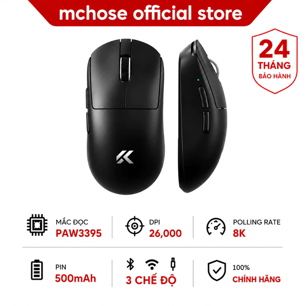 MCHOSE A7 V2 Pro Đen Chuột Không Dây Gaming 3 Chế Độ 8K PAW3395 26000DPI 59G Bluetooth Cho Laptop PC Game
