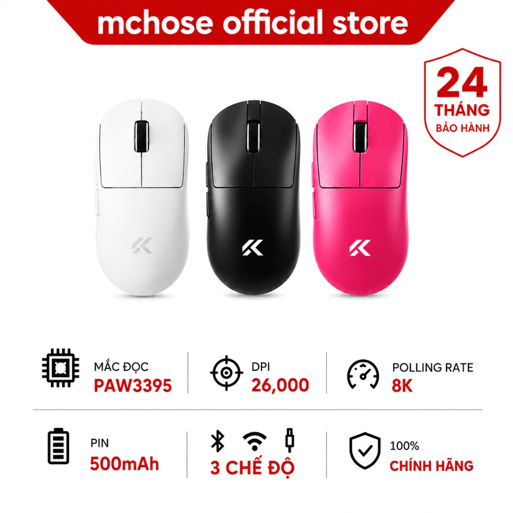MCHOSE A7 A7 V2 Pro Chuột Không Dây Gaming 3 Chế Độ 8K PAW3395 26000DPI 59G Bluetooth Cho Laptop PC Game