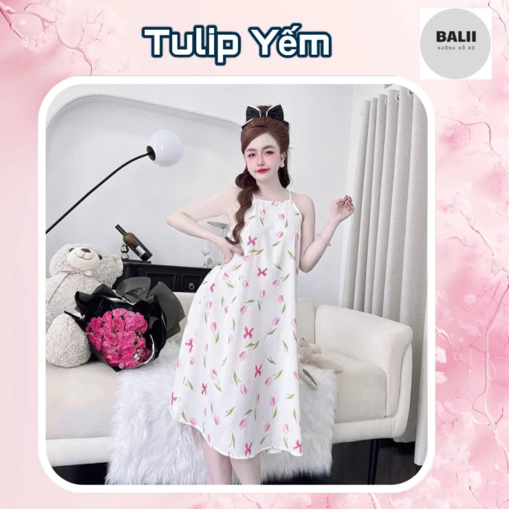 [DEAL KÈM QUẦN] Y3 Váy yếm mặc nhà 40-75kg  vải lụa hàn 100D Họa tiết dễ thương, mặc mát, mềm mại - BALII