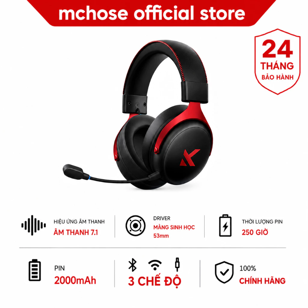 MCHOSE V9 Pro Tai Nghe Bluetooth Gaming 7.1 Không Dây 2.4G Type C FPS Mic AI Pin 250H Cho PC PS5