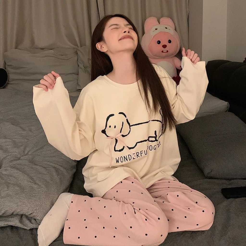 Đồ bộ thun tay dài Quảng Châu, pijama quần dài, đồ mặc ở nhà họa tiết hoạt hình dễ thương