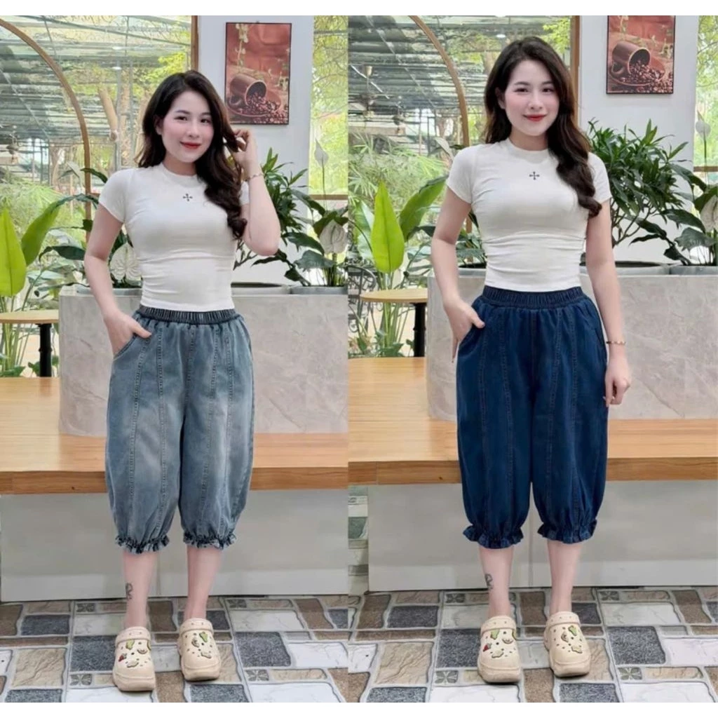 Quần Jean Ngố Nữ Vải Jean Thổ Mềm Dáng Bom Thụng Chun Bèo Gấu Cạp Chun Lưng Cao Trẻ Trung Cá Tính